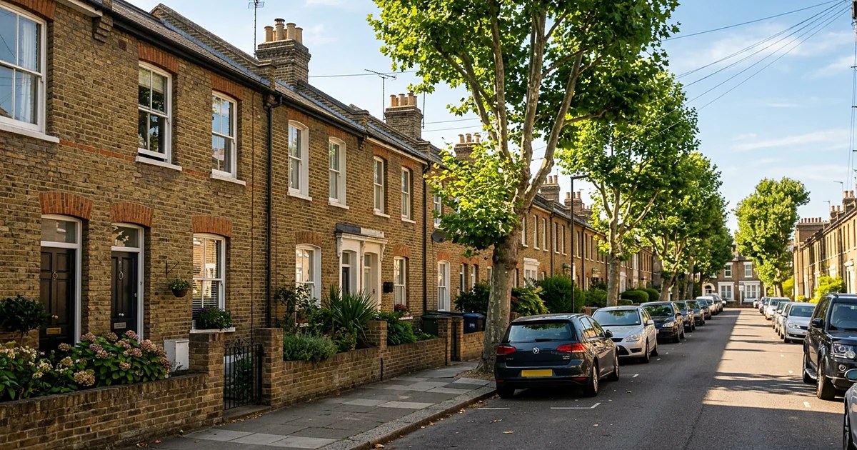 A row of London brick terraced houses on a sunny tree-lined street