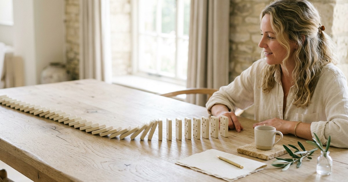 A line of dominoes toppling across a sunlit table