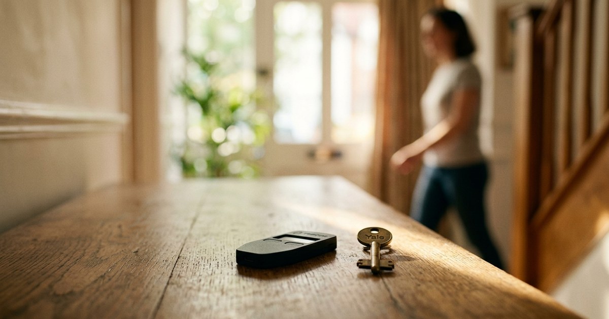 A hardware wallet beside a front-door key on a hallway table