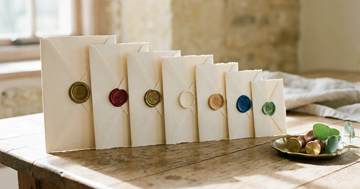 Seven cream envelopes with wax seals standing in a row on a sunlit table
