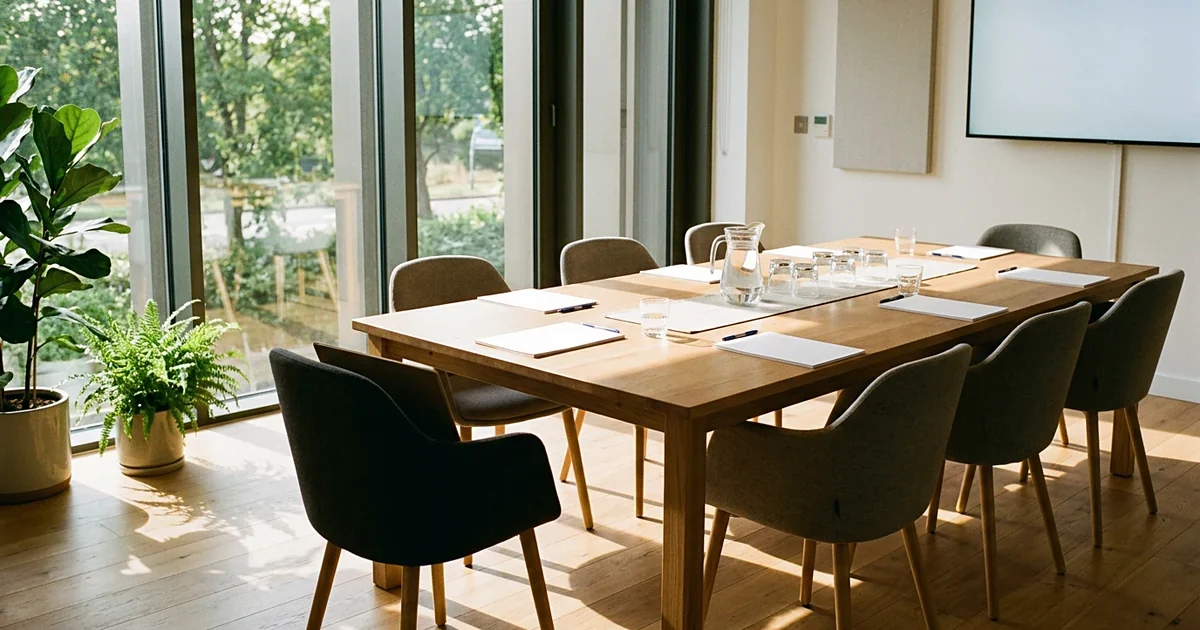 A bright meeting room with a long wooden table set with glasses and papers