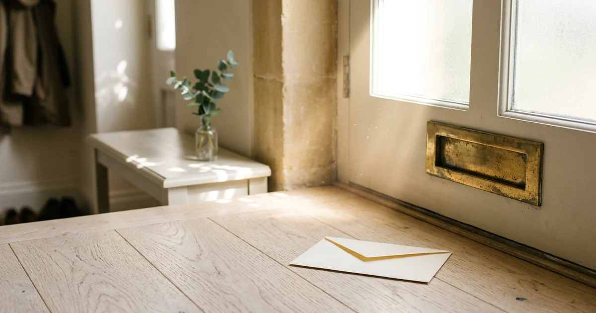 An envelope on pale floorboards beneath a brass letterbox in morning sun