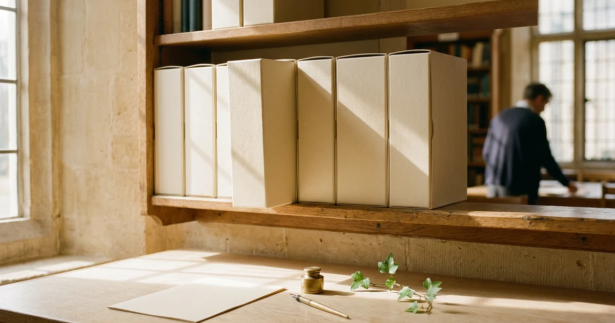 Pale archive boxes on a sunlit shelf, one pulled forward