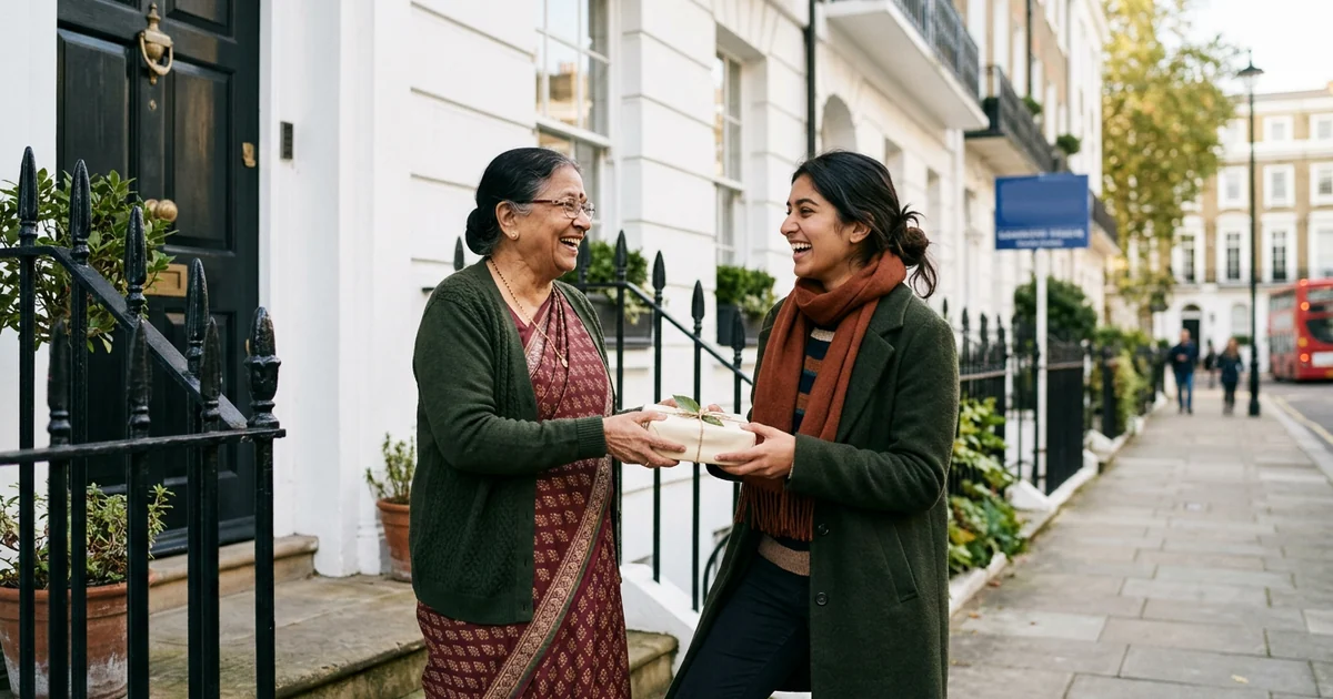 A grandmother handing a wrapped present to her granddaughter outside a Marylebone townhouse
