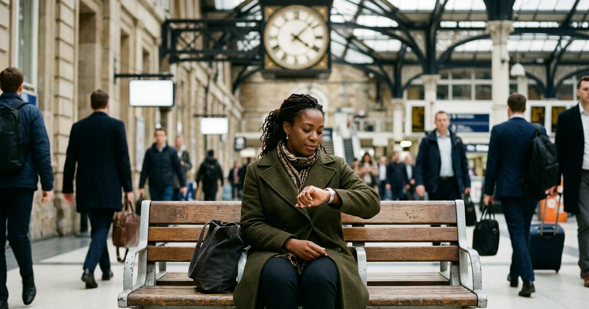A woman checking her watch on a bench beneath the clock at Liverpool Street station