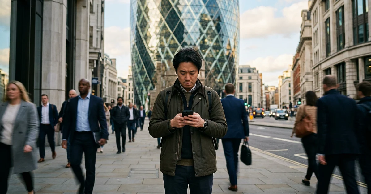 A man reading his phone on St Mary Axe as commuters pass, the Gherkin behind
