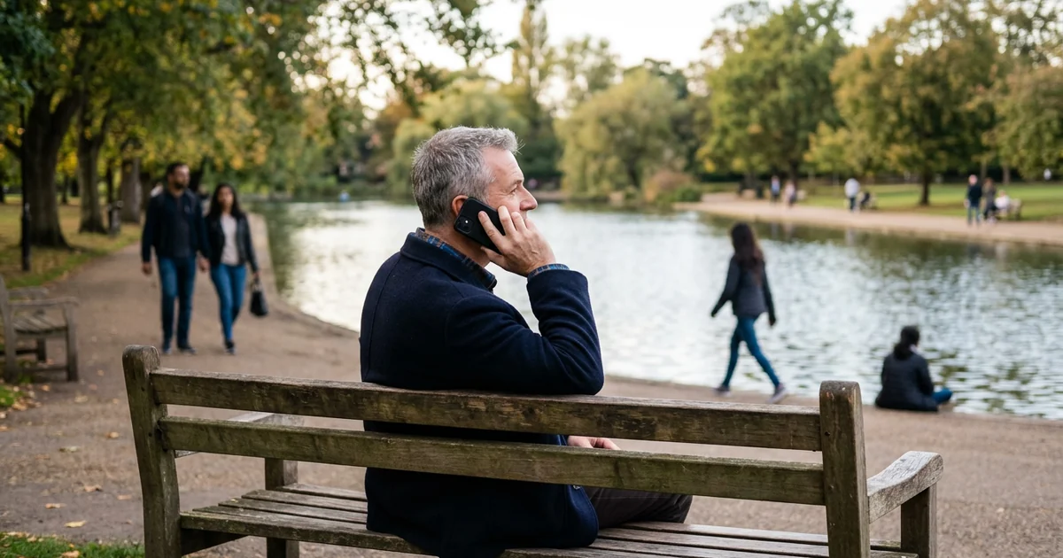 A man on the phone on a bench beside the lake in Valentines Park, Ilford