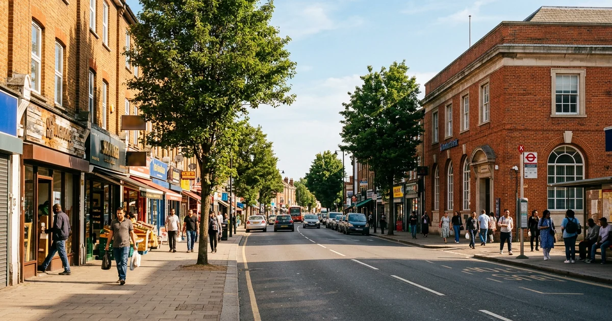 Cranbrook Road in Gants Hill on a sunny morning, shops and a bank on the corner
