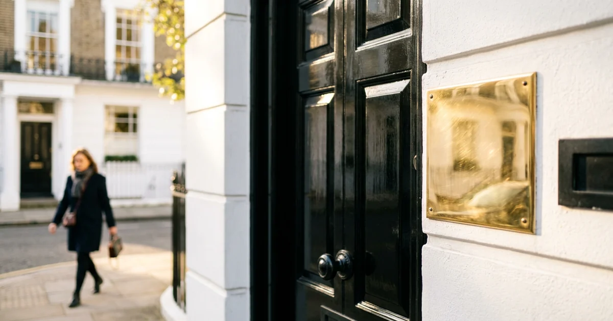 A black Georgian front door with a blank brass plate in Marylebone sunlight