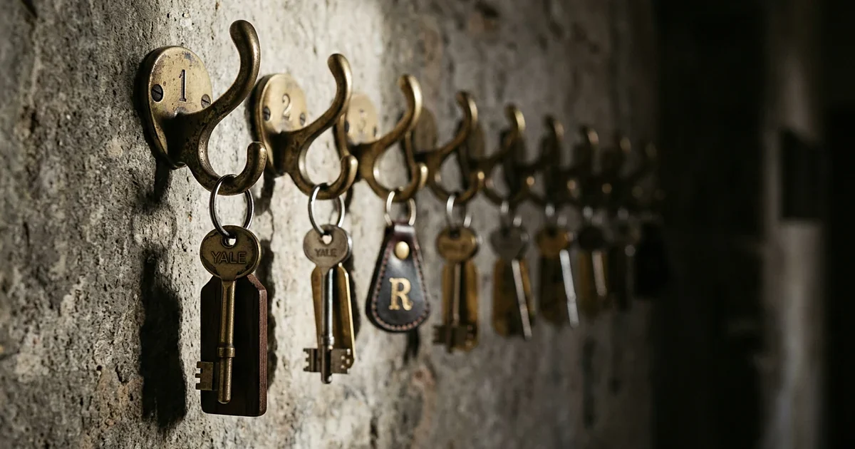 Door keys hanging on a row of brass hooks