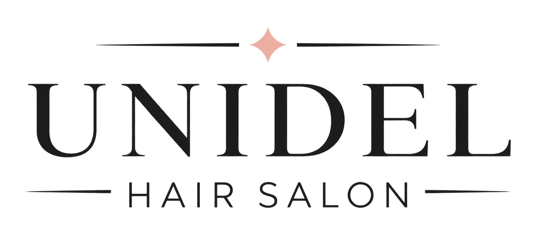 Unidel Hair Salon logo in black lettering with a blush diamond accent