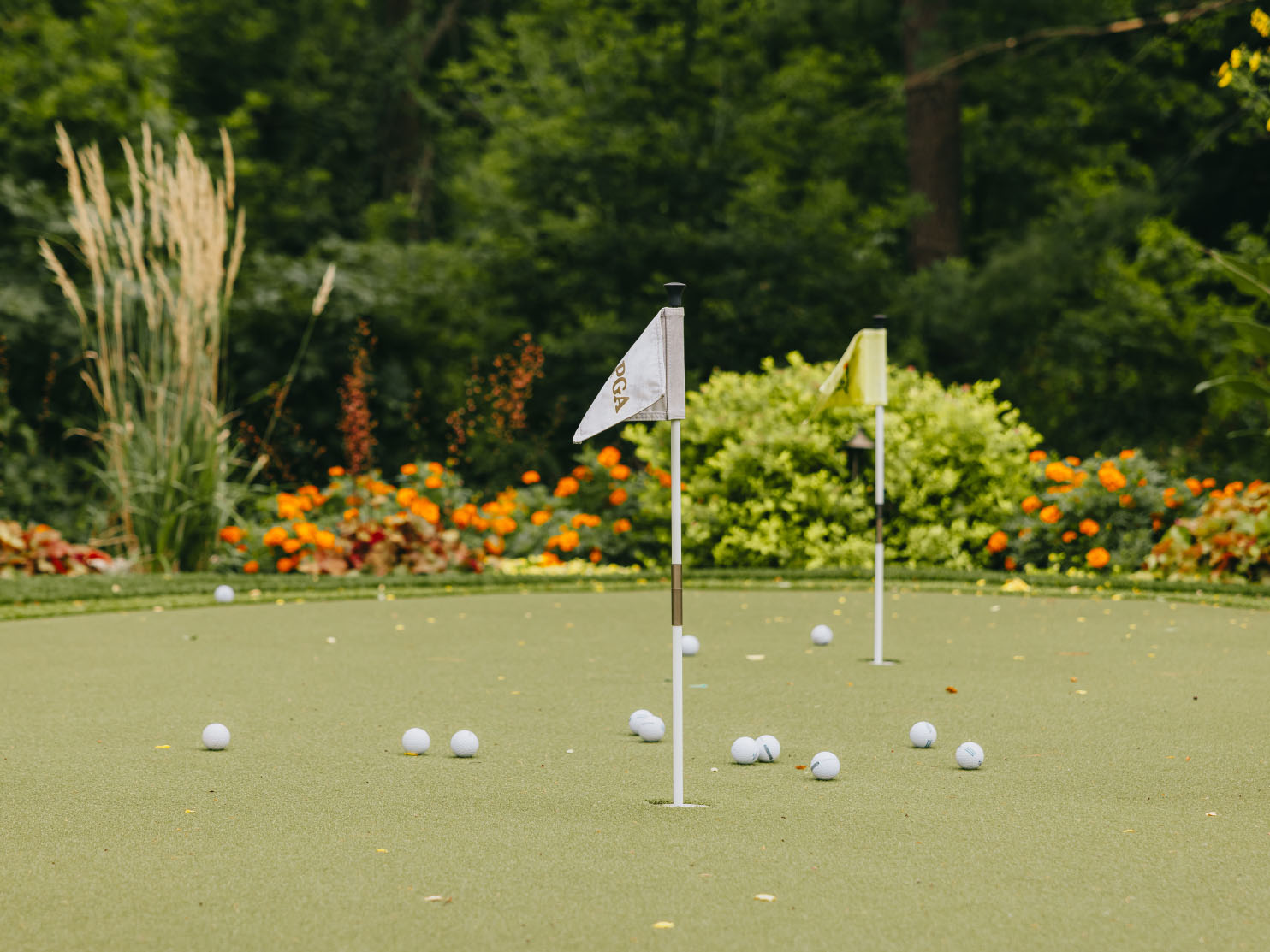 Backyard putting green surrounded by colorful plants and garden landscaping, Chicago suburbs.