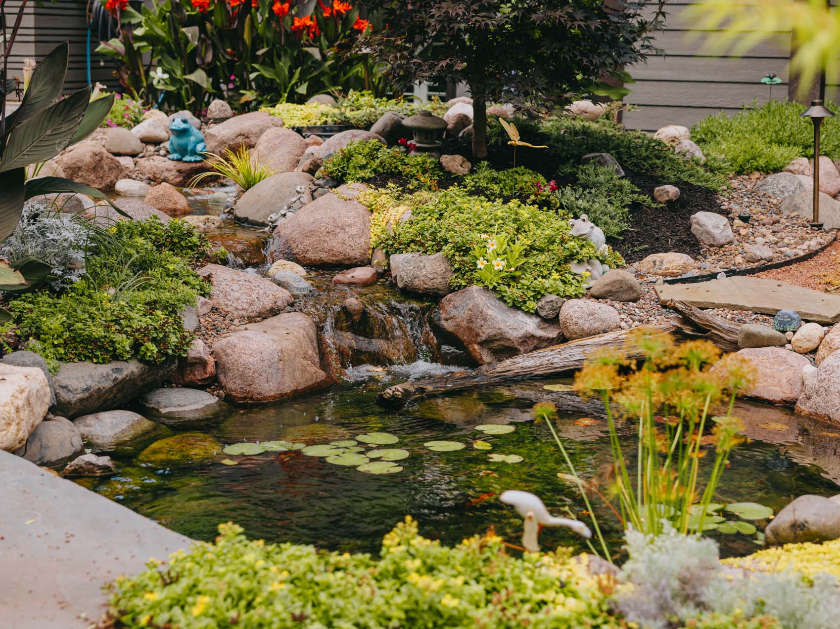 Natural pond and waterfall feature surrounded by rocks and plants, Chicago suburbs.