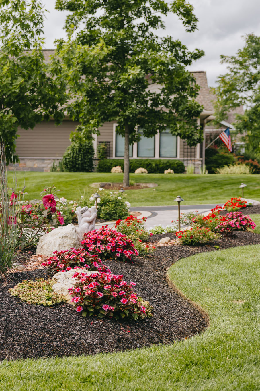 Front yard flower beds with red impatiens, decorative stone, and garden statue surrounded by lush green grass