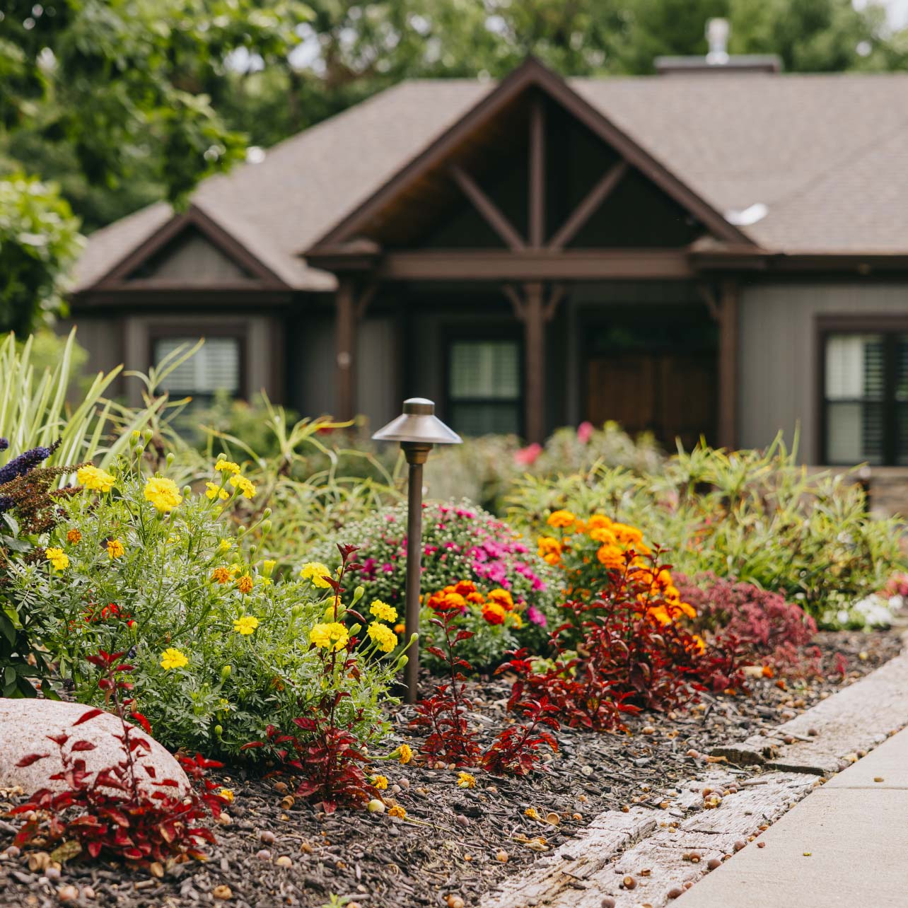 Colorful front yard flower bed with garden lighting and blooming marigolds in a landscaped suburban Chicago home.