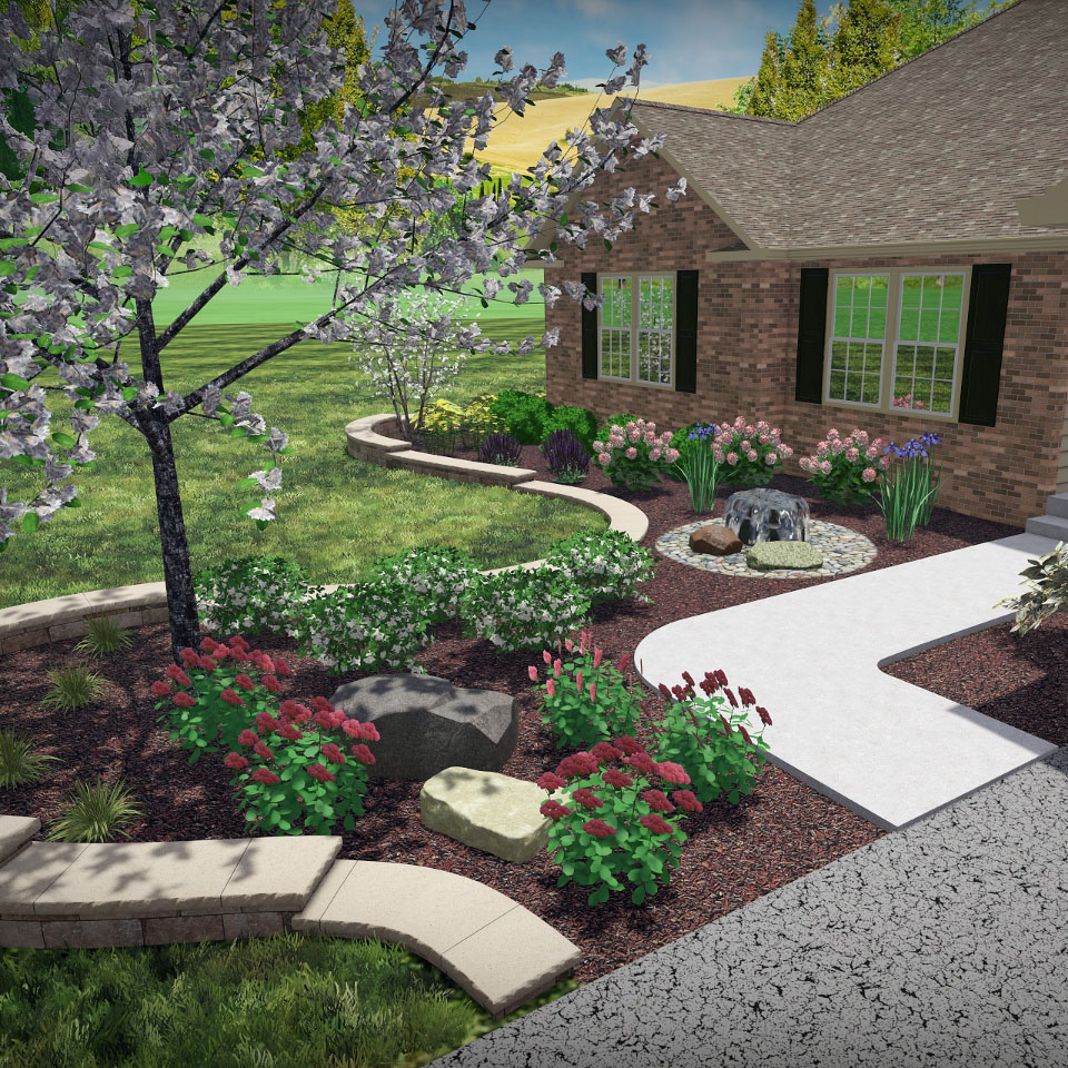 Detailed 3D landscape render showing stone walkways, flowering shrubs, and accent boulders leading to a brick home entrance.