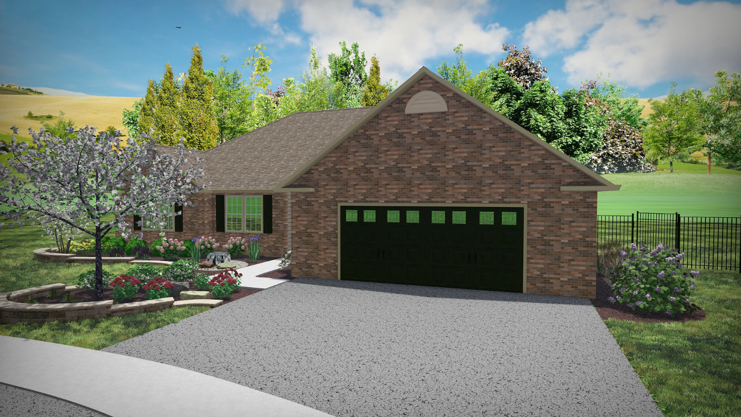 3D landscape design rendering of a brick home with front yard plant beds, flowering trees, and curved retaining walls under a bright blue sky.