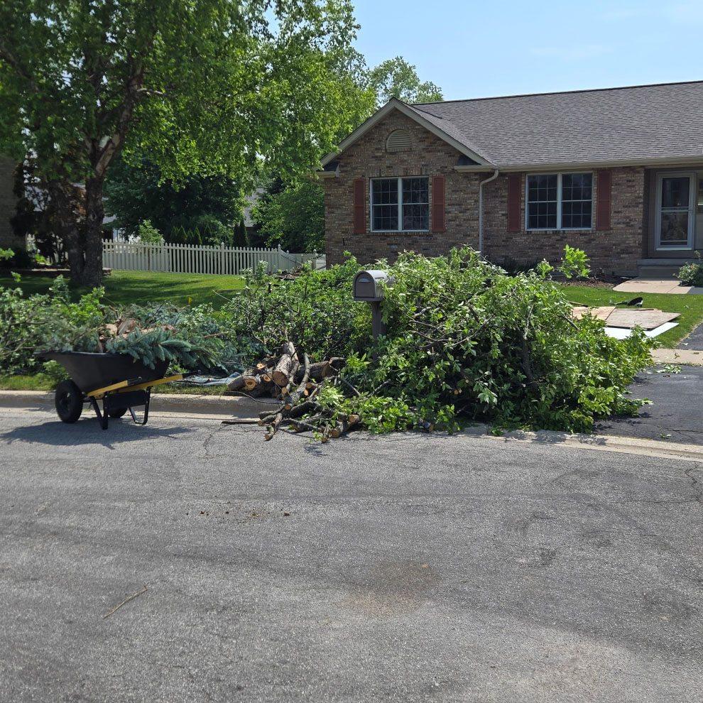 Residential home with piles of trimmed branches, leaves, and a wheelbarrow on the curb during landscape cleanup.