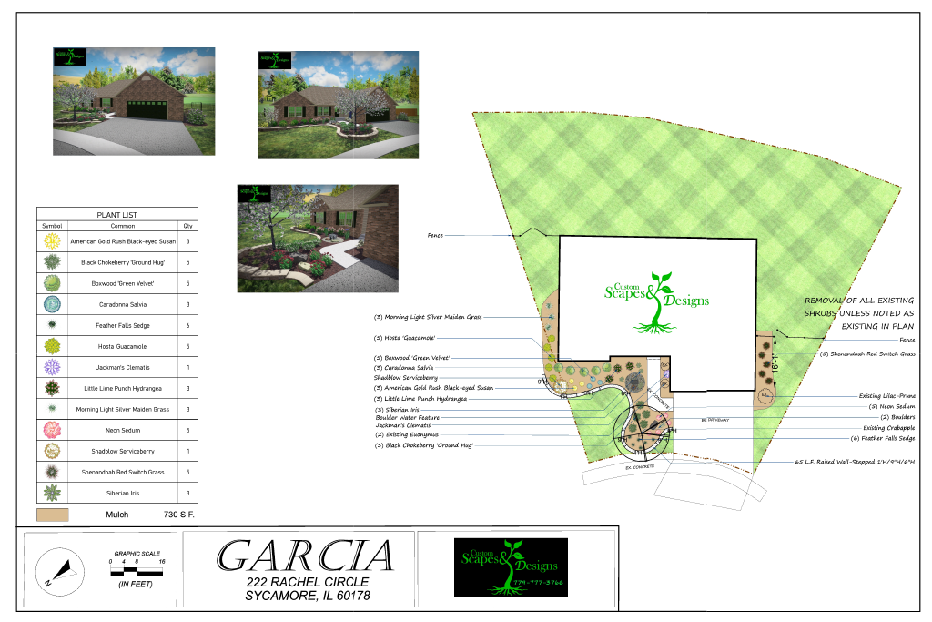Professional landscape design plan for the Garcia Residence in Sycamore, Illinois, featuring labeled plant list, layout diagram, and 3D render previews created by Custom Scapes & Designs.