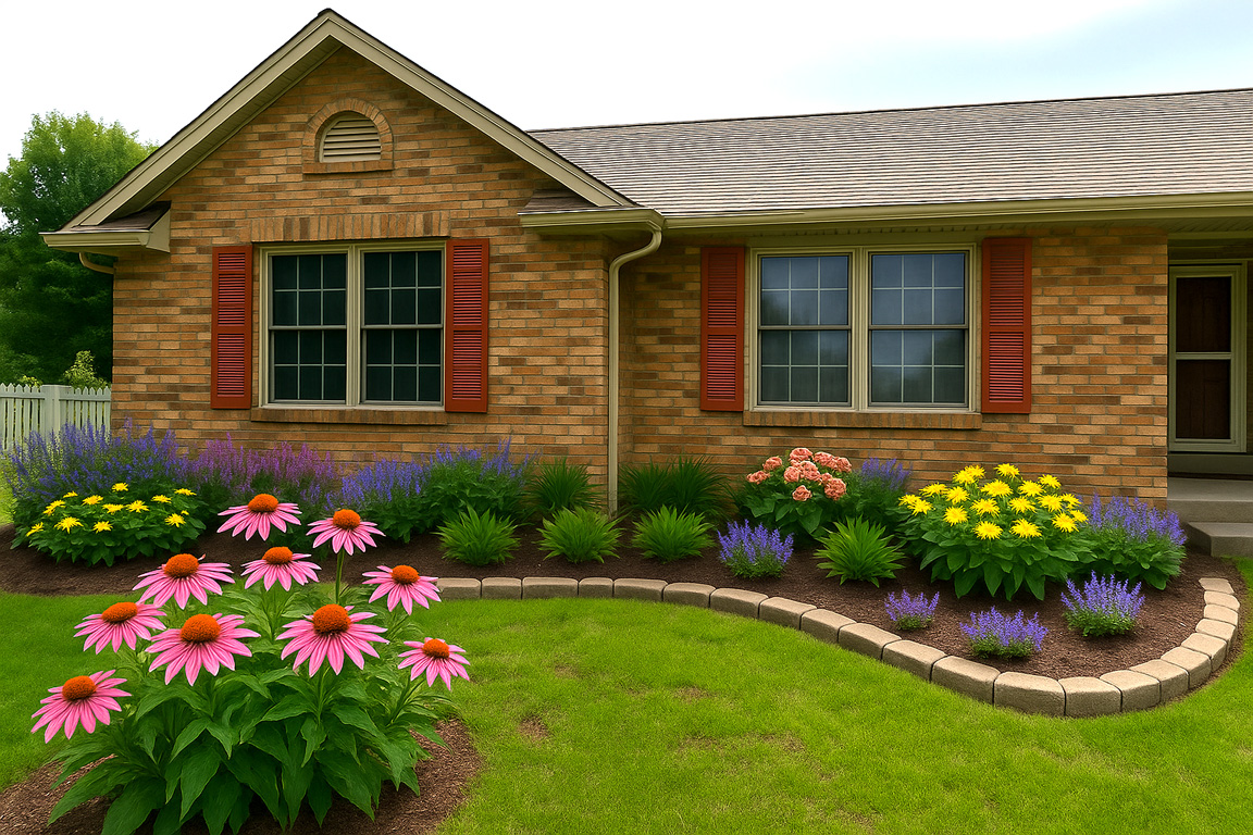 Beautifully landscaped front garden with bright flowers and rectangular stone edging curving around a brick house with red shutters.