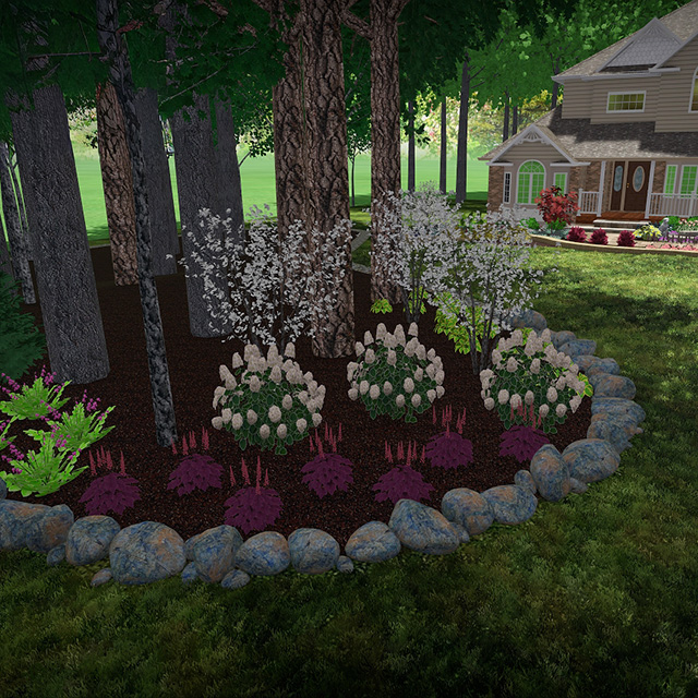 Woodland garden design for the front yard with natural stone edging and shaded plant groupings.