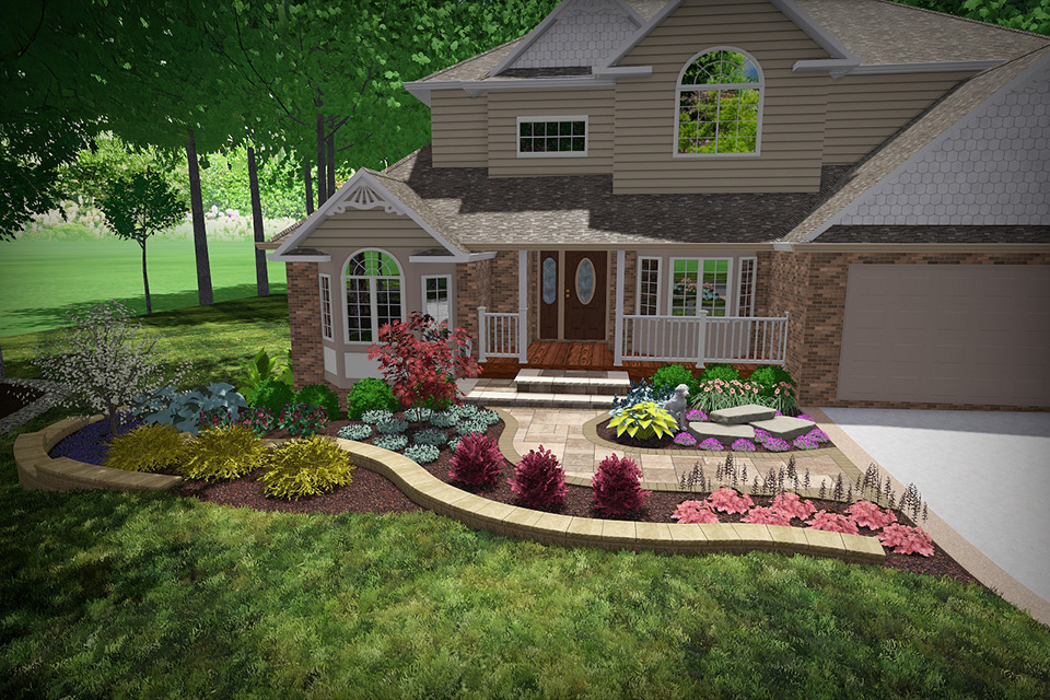 3D render of the Richards home landscape featuring flower beds, shrubs, and a decorative walkway.