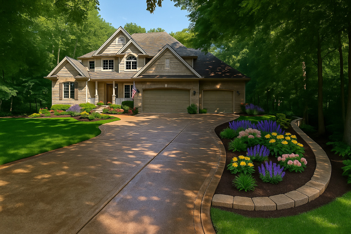 Front view of the Richards residence with curved garden beds, stone edging, and vibrant flowers.