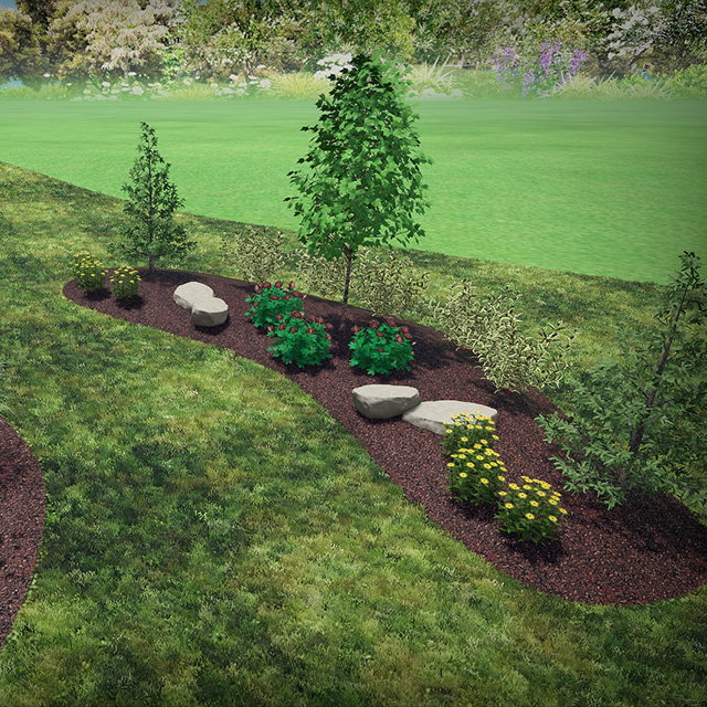 3D rendering of a landscaped garden bed with trees, stone edging, and mulch detail.
