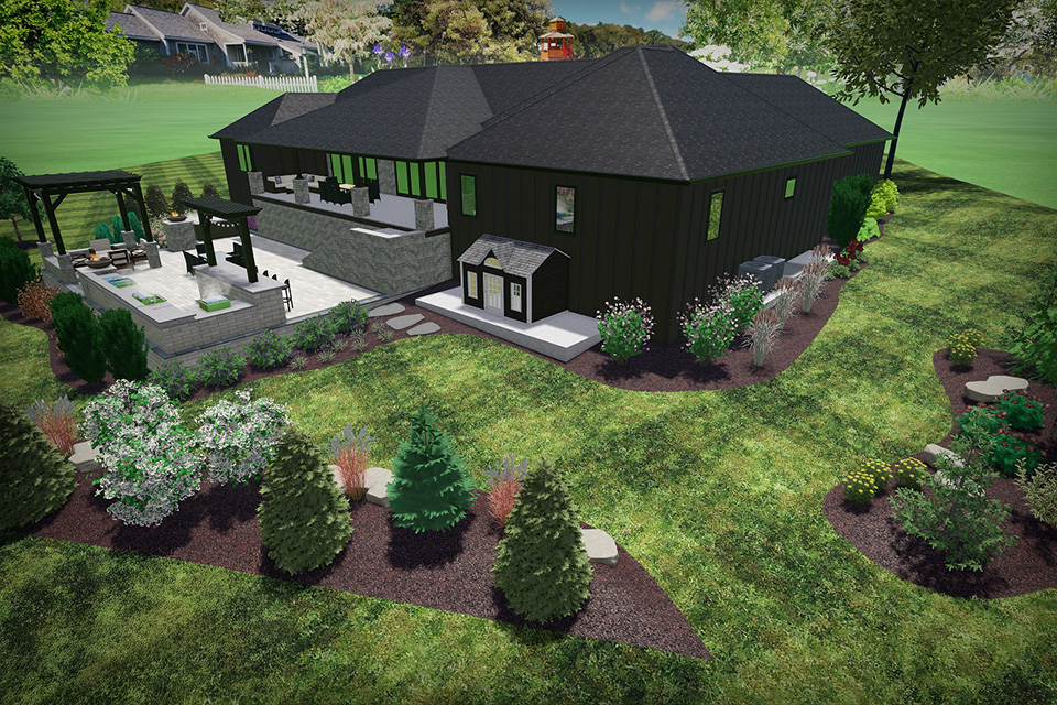 3D landscape design of a spacious backyard with patio, pergola, and lush planting beds.