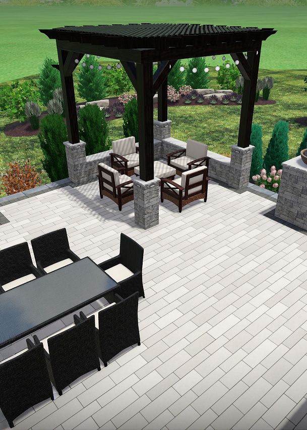 Landscape rendering showing a backyard patio with pergola and outdoor dining area.
