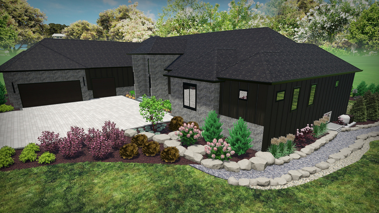 3D landscape rendering of a modern home with stone accents, plants, and decorative rockwork.