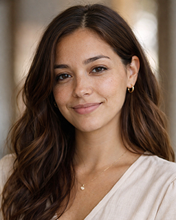 Smiling woman with long wavy brown hair wearing gold hoop earrings and a light-colored top.