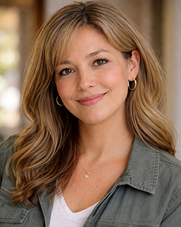 Smiling woman with long blonde hair wearing silver hoop earrings, a necklace, a white shirt, and a green jacket.