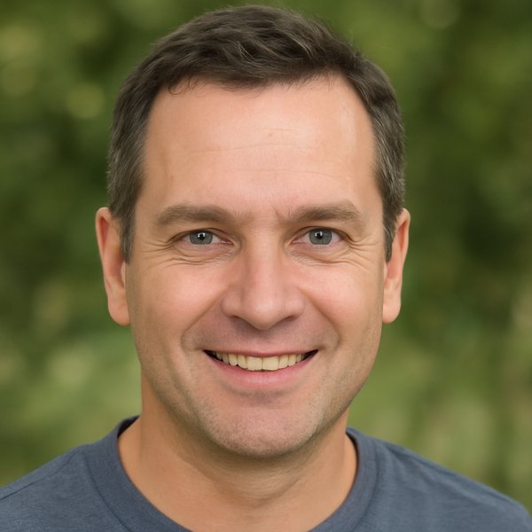 Smiling man with short brown hair in a blue shirt standing outdoors with blurred greenery background.