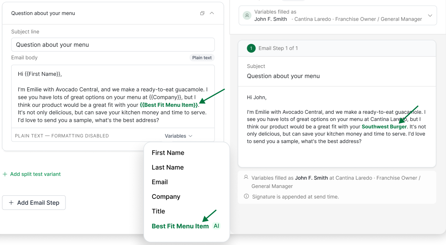 Example of First Bite's email sequencing tool and its menu data dynamic field