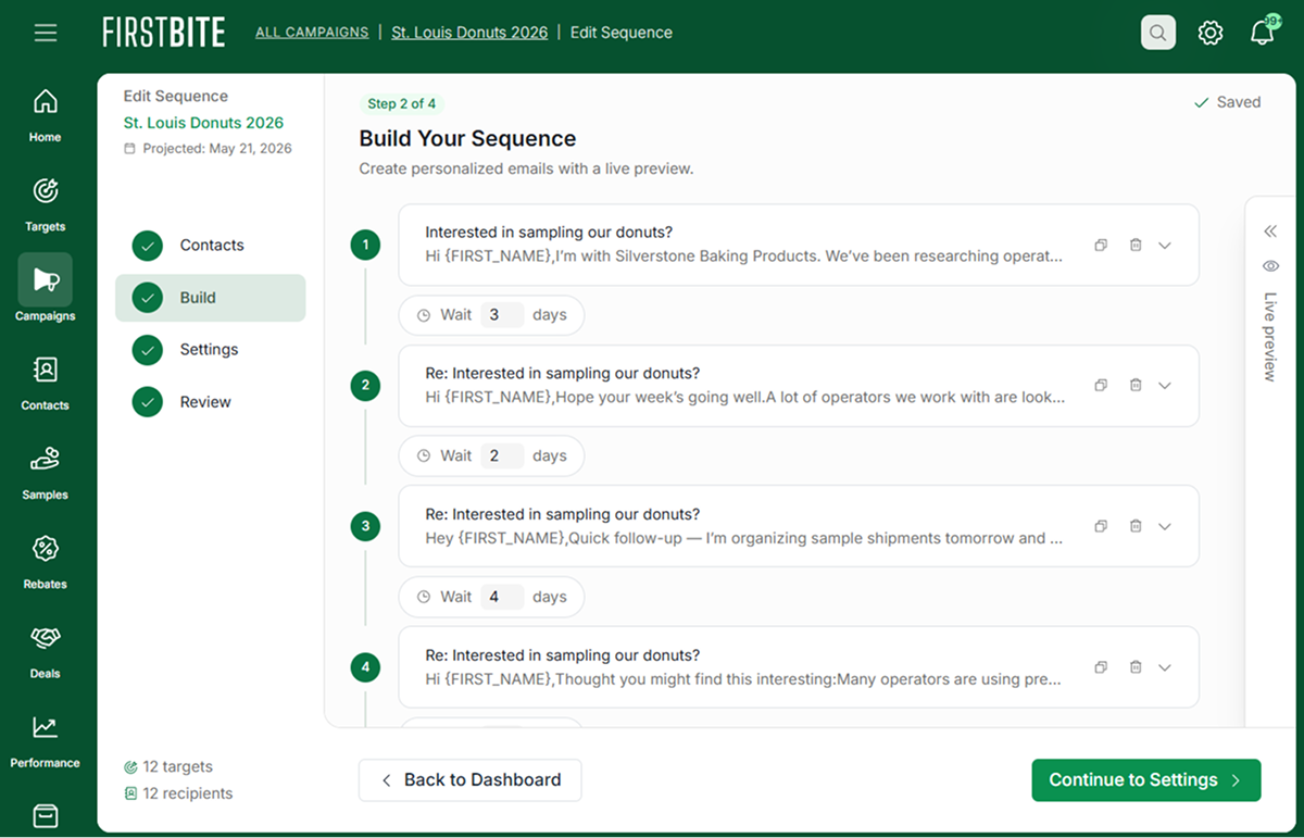 View of First Bite email sequencing tool in action