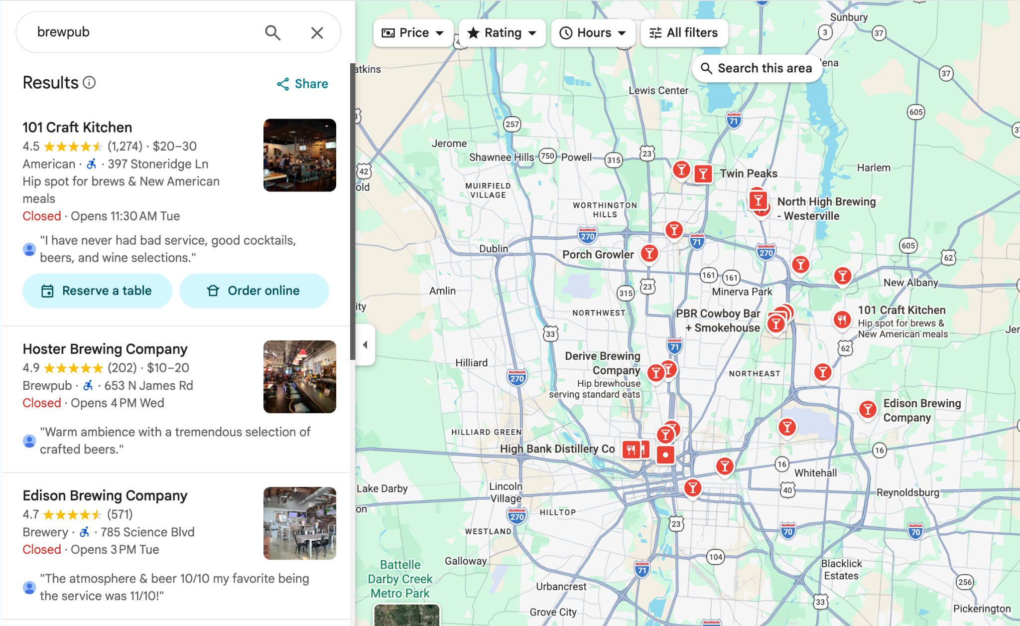 Using Google Maps to find restaurant owner email addresses for brewpubs in Columbus, Ohio