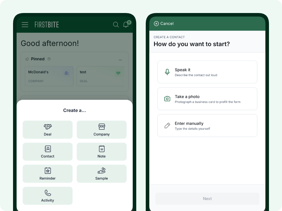 First Bite mobile crm preview