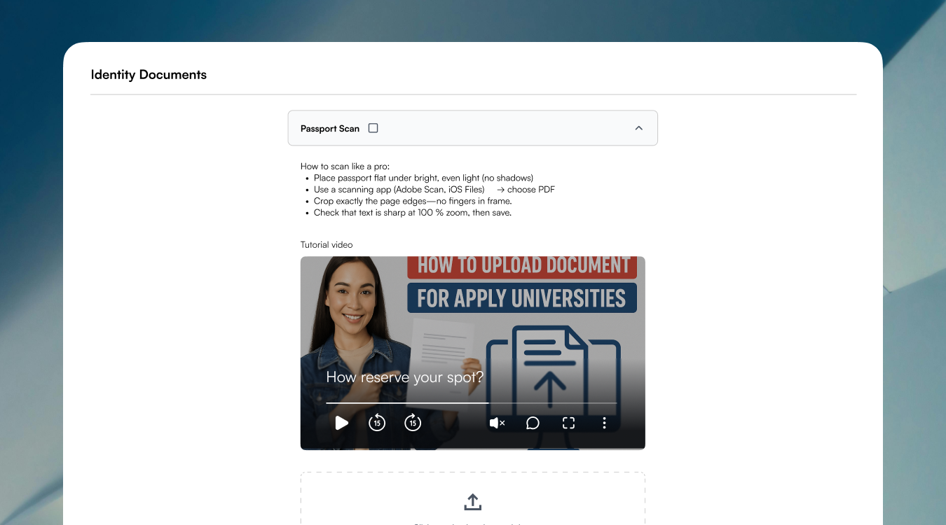 Guided document upload form with verified fields for university application