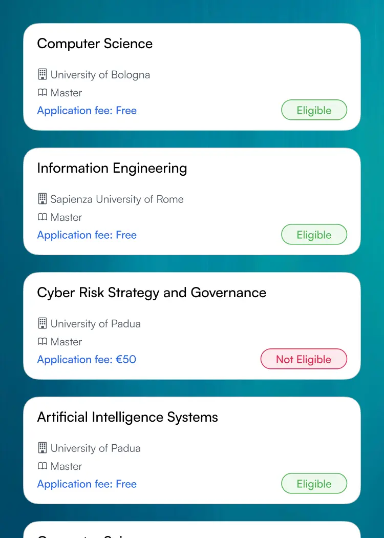 Student dashboard showing a list of master’s programs with tuition-free eligibility and application fee status.