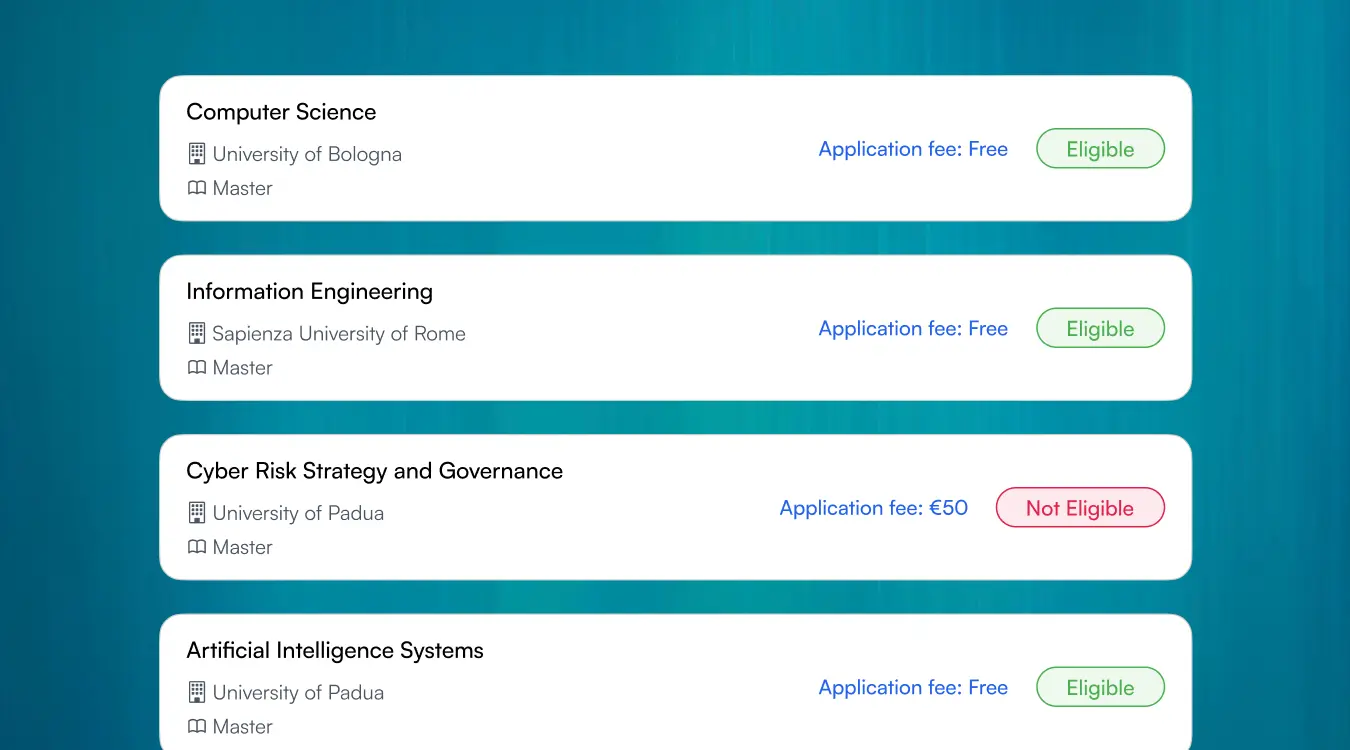 Student dashboard showing a list of master’s programs with tuition-free eligibility and application fee status.