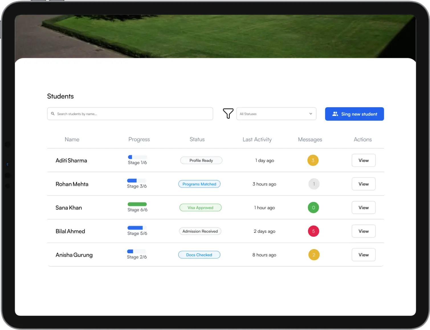 Dashboard view showing student application progress stages with clickable file access