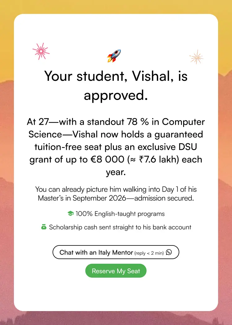 Partner dashboard card showing student Vishal’s approved admission with grant details, program start date, and action buttons to reserve seat or chat with a mentor.