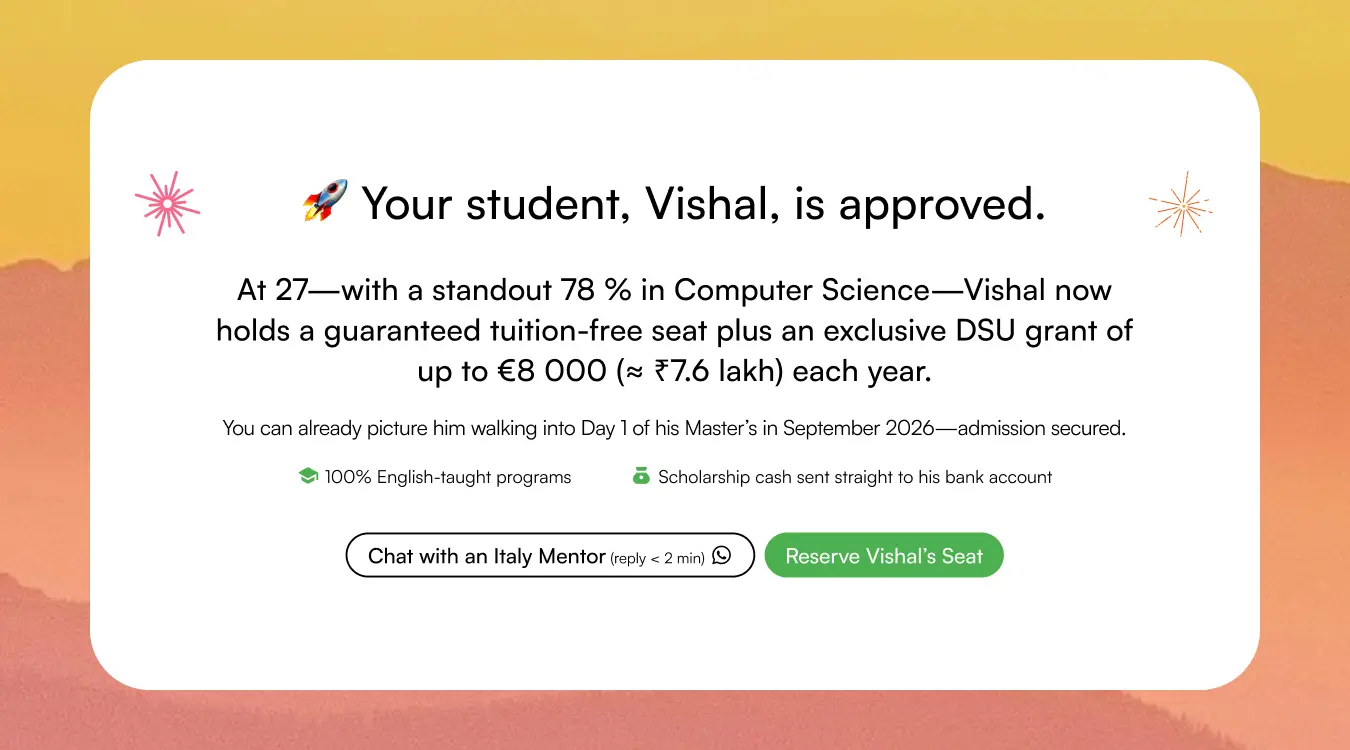 Partner dashboard card showing student Vishal’s approved admission with grant details, program start date, and action buttons to reserve seat or chat with a mentor.