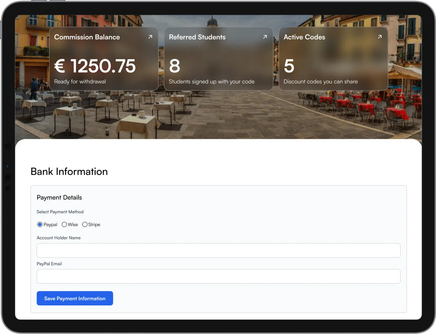 Payout settings panel showing PayPal, Wise, and Stripe options for influencer withdrawals.