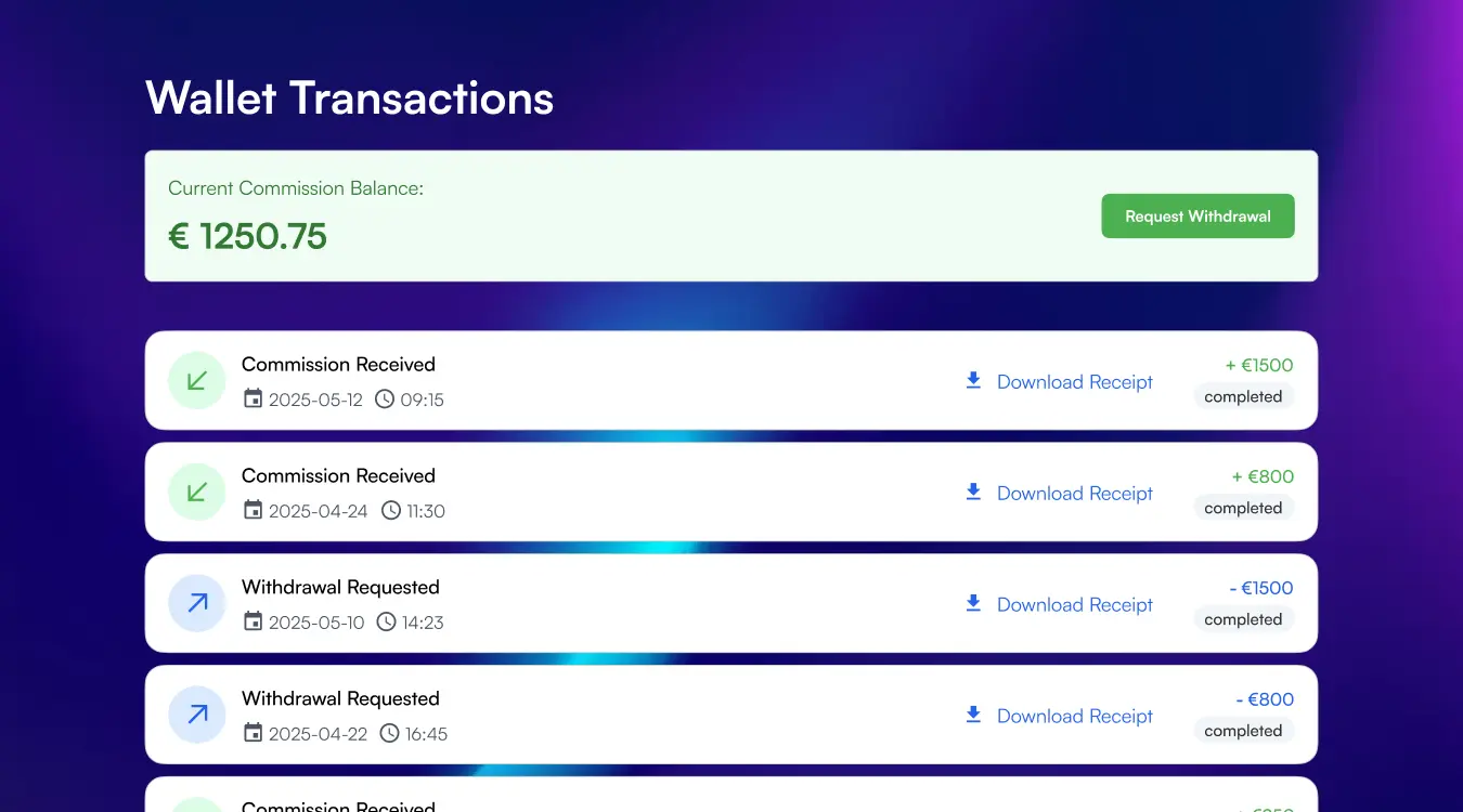 Wallet panel showing instant commission credited after referral approval