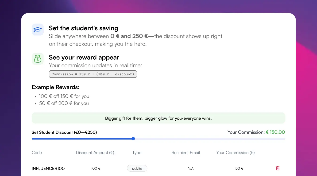 Commission panel with discount slider and live earnings update