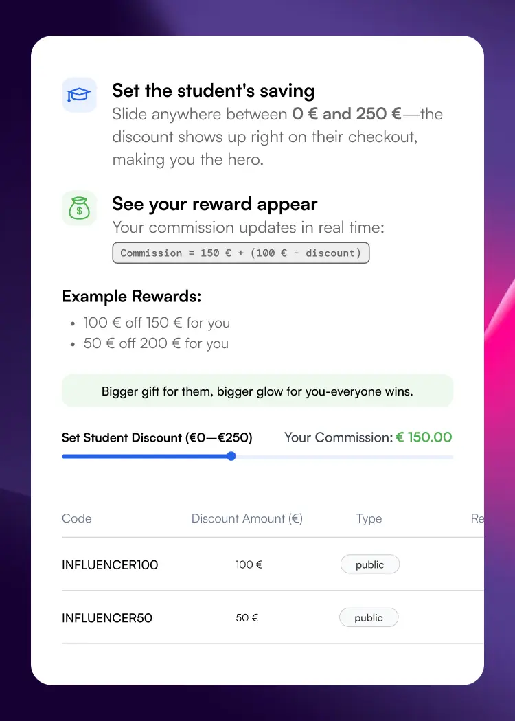 Commission panel with discount slider and live earnings update