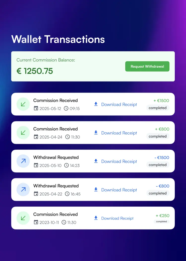 Wallet panel showing instant commission credited after referral approval
