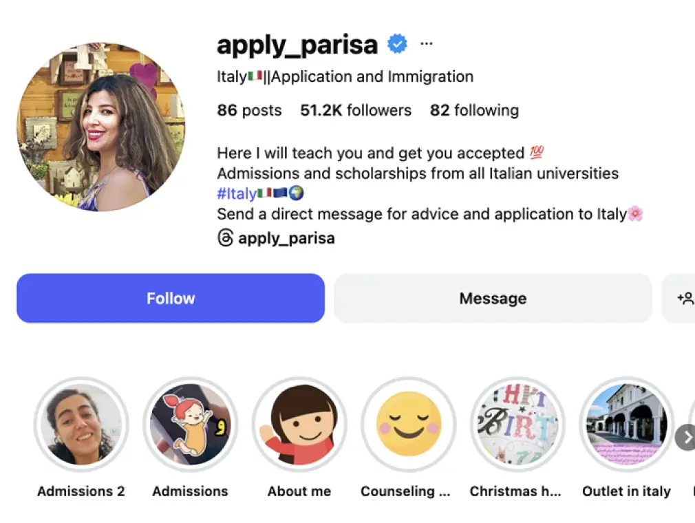 DD, @apply_parisa, where she guides students in her Farsi-speaking community through Italian admissions and scholarships, and has already helped many of them start studying in Italy.